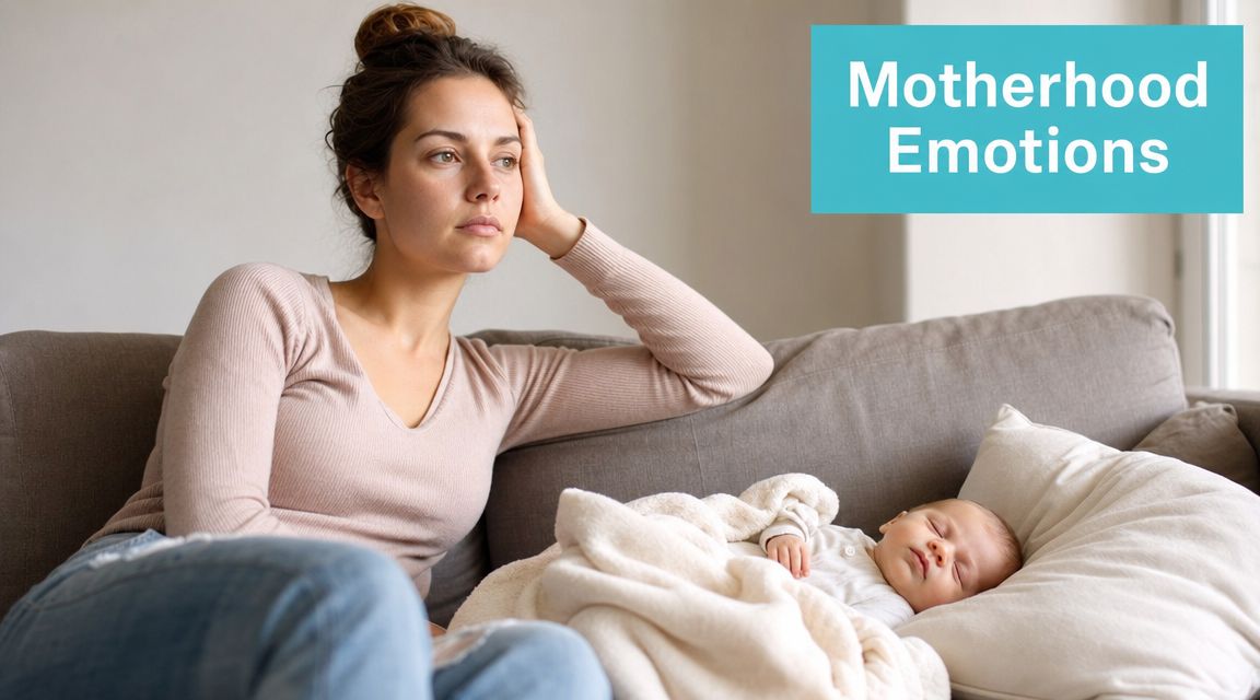A mother sitting on a sofa looking tired while her newborn baby sleeps soundly next to her.