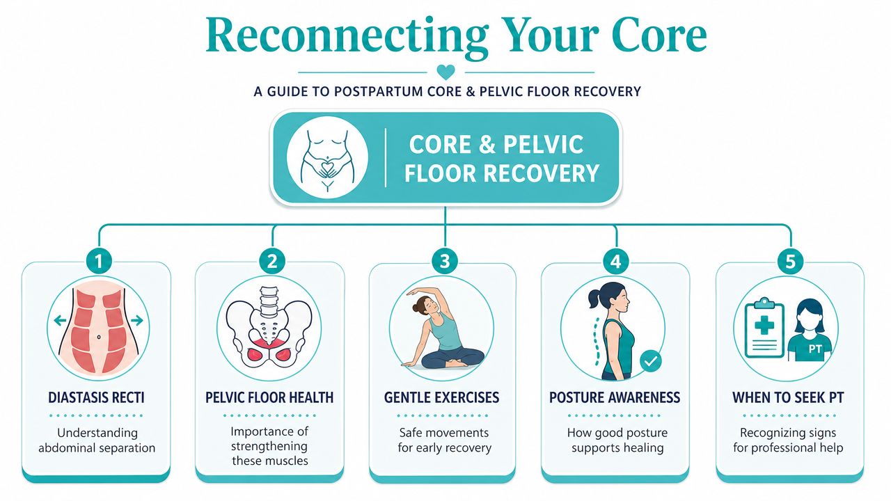 A detailed infographic titled Reconnecting Your Core guiding women through postpartum core and pelvic floor recovery steps.