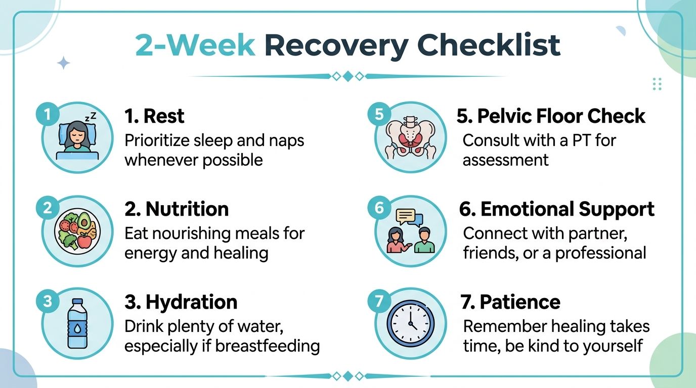 A 2-week postpartum recovery checklist offering seven essential tips for health, rest, nutrition, and emotional support.